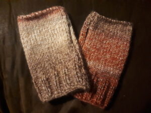 Multicolored stockinette stitch fingerless gloves with rib cuff done in Premier Puzzle acrylic yarn