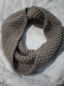 Seed stitch cowl in taupe, acrylic yarn